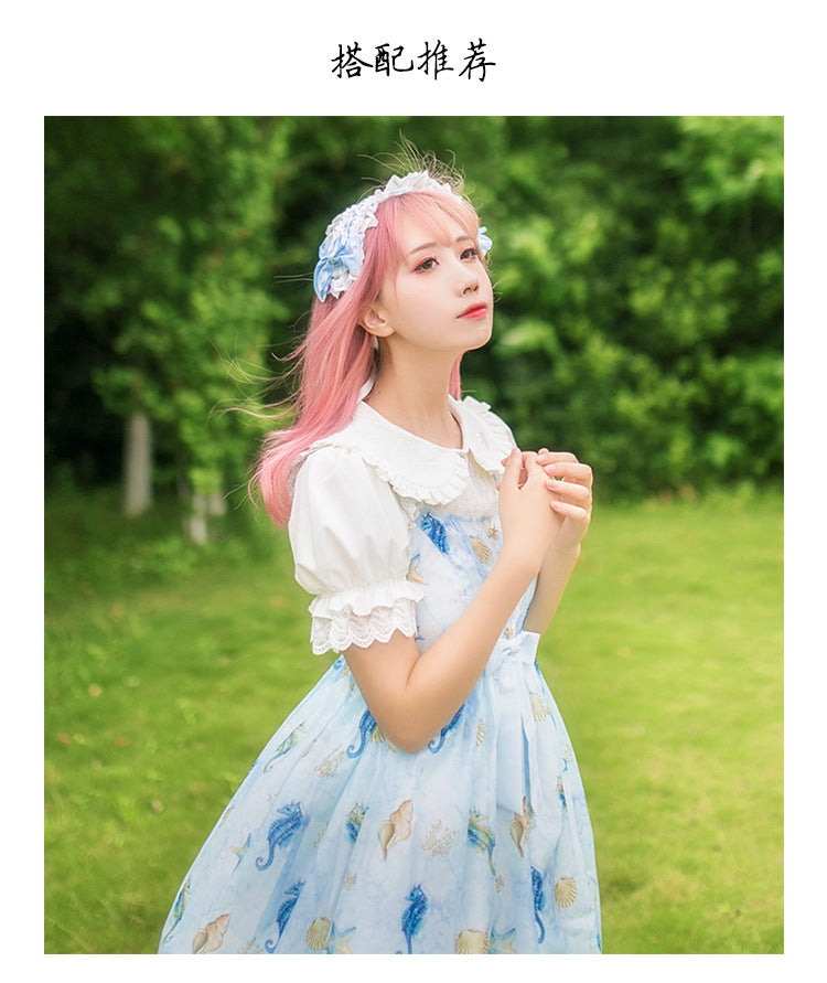 Sweet Elegant White Short - Sleeve Shirt - Embroidered Doll Collar + Lace Puff Sleeves