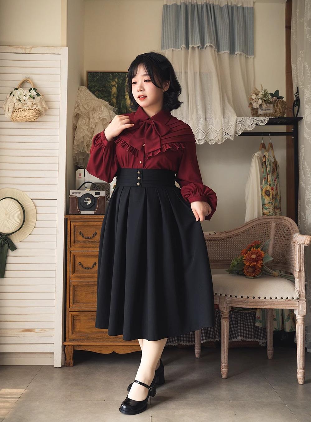 Forest Wardrobe - Forest Basket - Elegant Lolita Blouse, Vintage Bow Tie