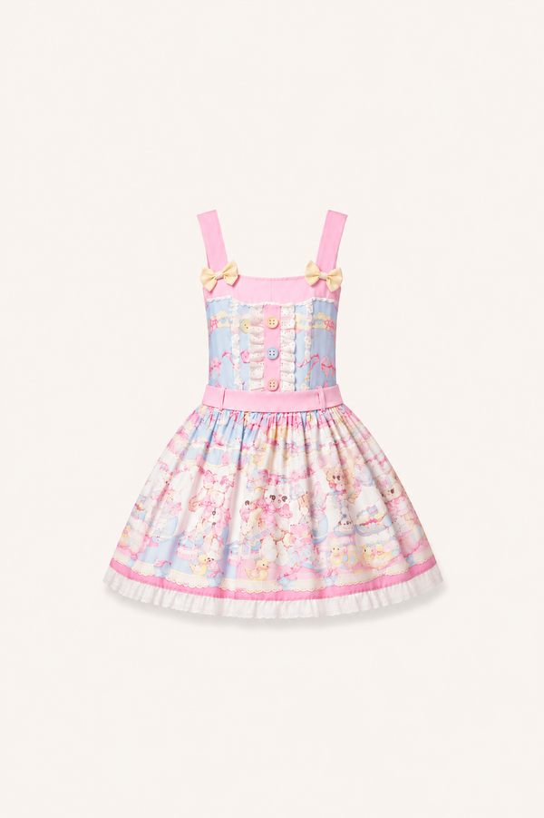 Hanguliang - Sweet Little Bear - Sweet Lolita JSK with pastel teddy bear print, lace trim, adjustable shirring