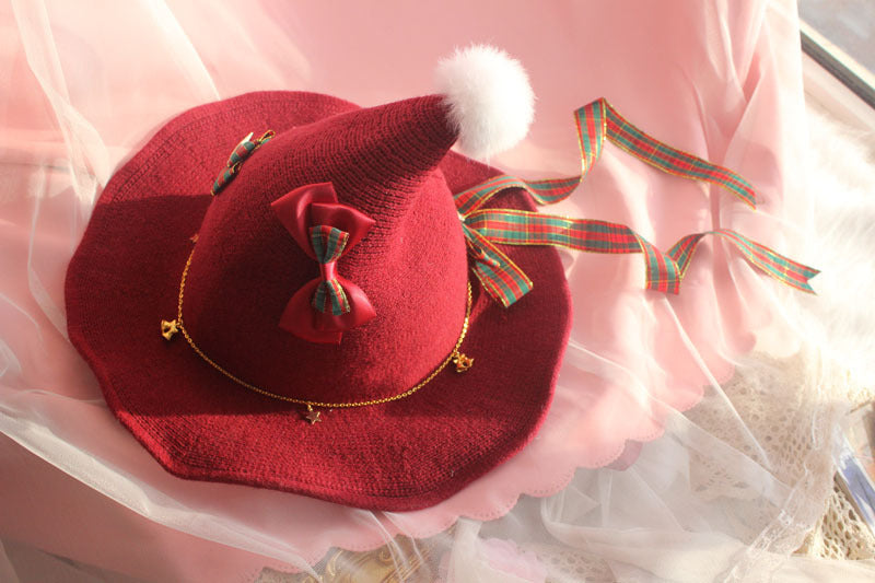 Handmade Christmas Lolita pointed pom-pom knit hat, festive holiday hair accessory by LolitaFetch with colorful knit details.