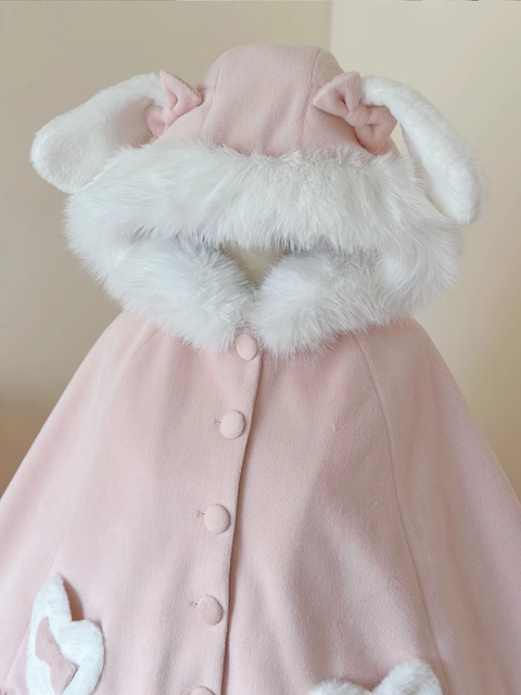 Winter Lolita Rabbit Ear Cape | Fleece-Lined Thickened Woolen Cape (Blue/Pink, One Size)
