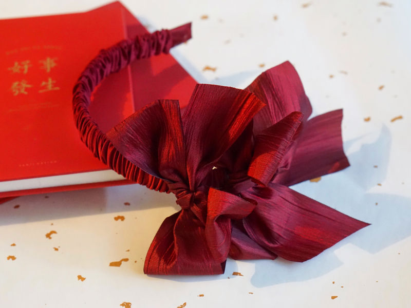 Handmade wine red Lolita fashion bow hairband with ruched design from LolitaFetch, perfect for New Year or special occasions.