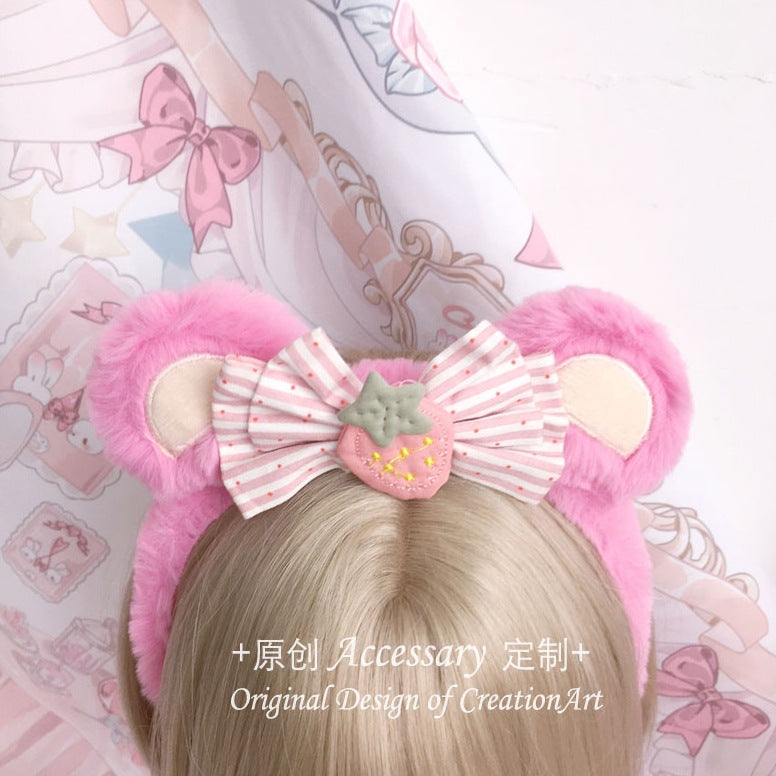 Handmade Ap Strawberry Pink Bear Ears KC Headband Bowknot Hair Accessory Lolita Cute Bear Headband