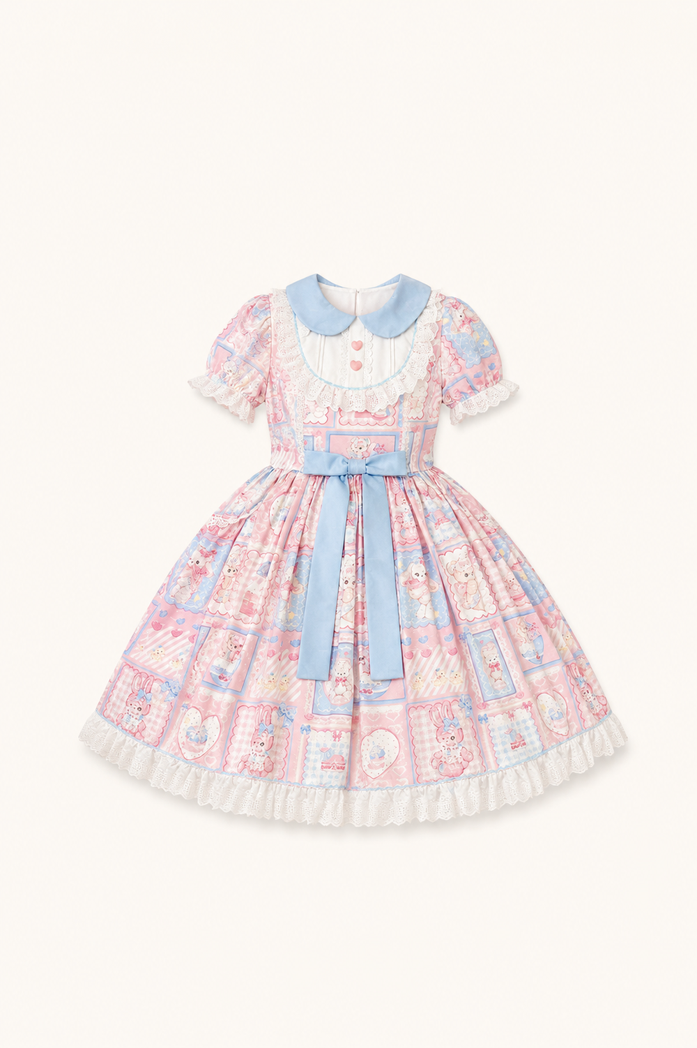 Hanguliang - Sweet Bunny Bear - Sweet Lolita one-piece dress with all-over teddy bear, heart and pastel checkered