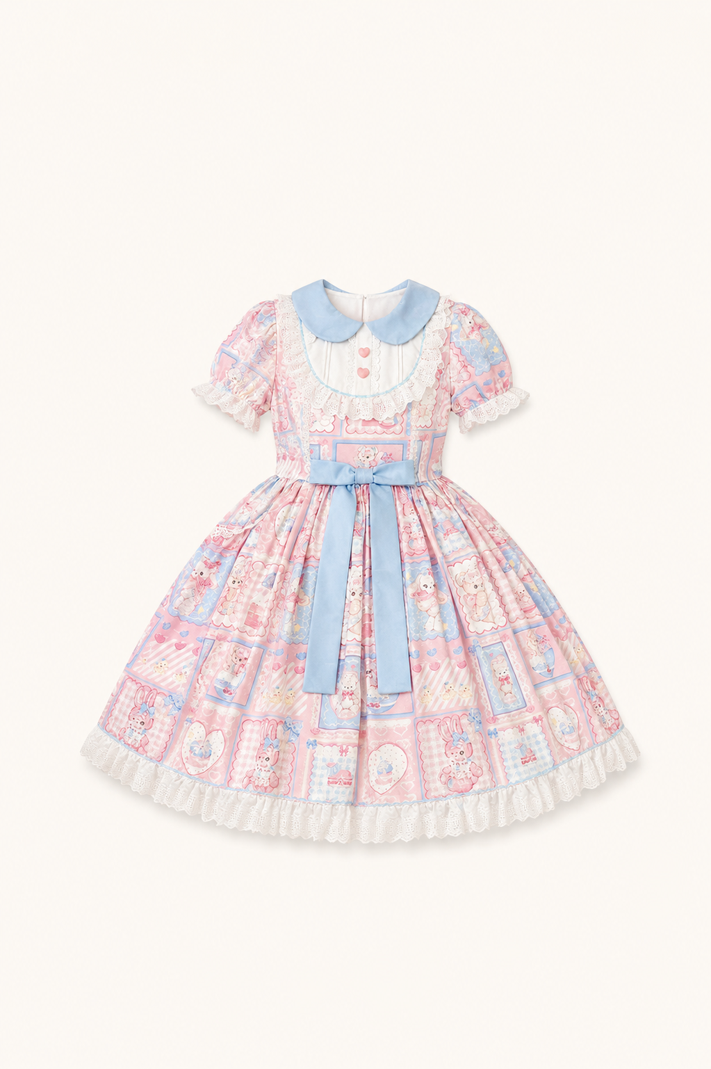 Hanguliang - Sweet Bunny Bear - Sweet Lolita one-piece dress with all-over teddy bear, heart and pastel checkered