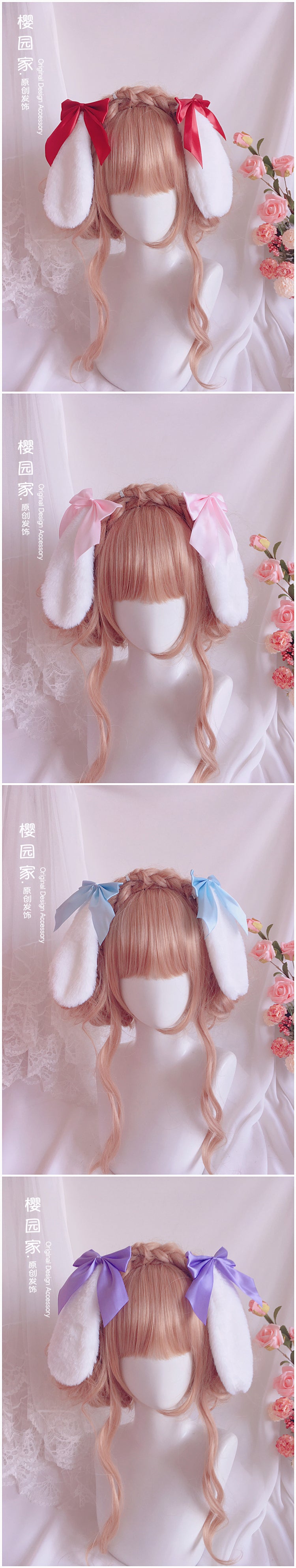 Handmade Lolita Bunny Ear Hair Clip by LolitaFetch, featuring soft pink and white bunny ears on a delicate headdress for girls.