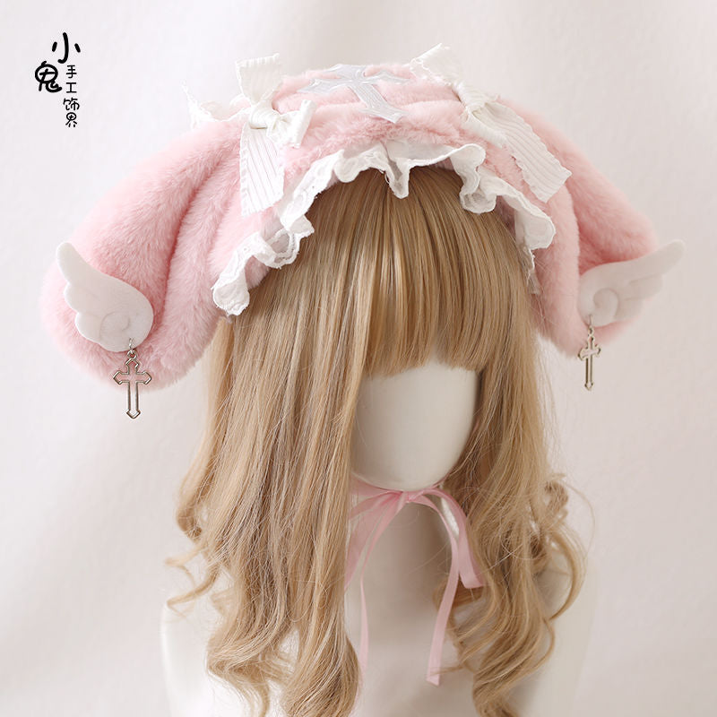 Lolita Bunny Ear Headband Subculture Cute Plush Angel Wings Lolita Hair Accessory Lolita Headwear