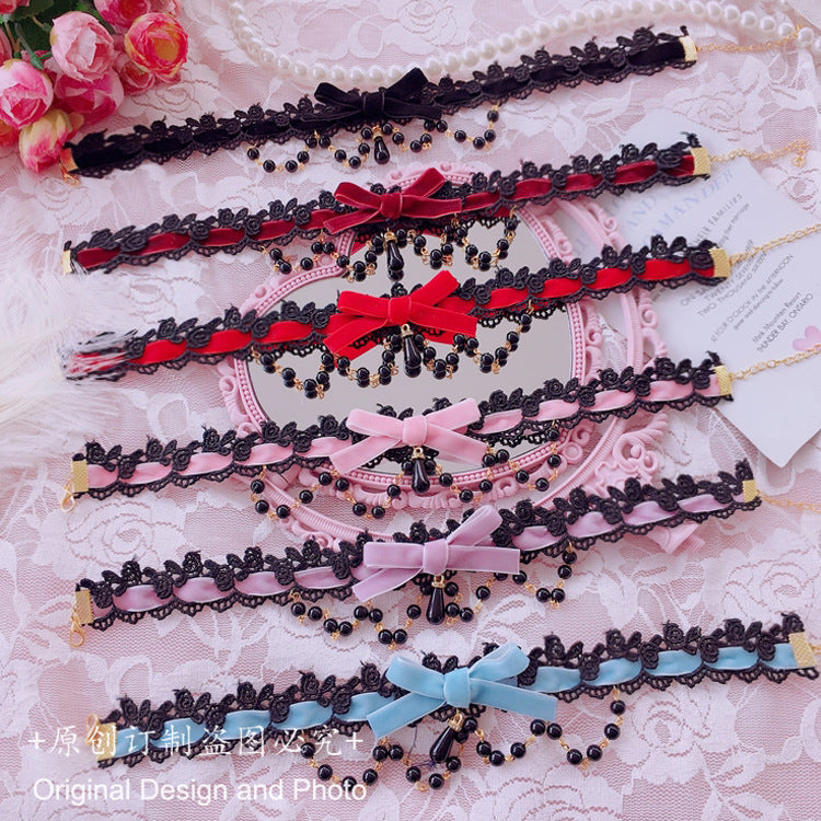 Multicolor Lolita choker necklace with soft girl heart pendant, handmade short accessory for girly fashion style.
