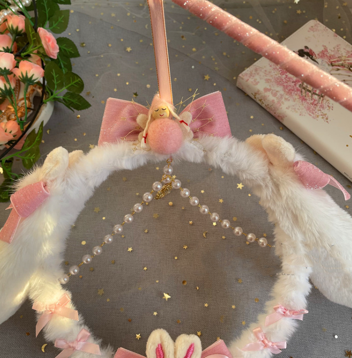 Luoluo Decoration - Han Lolita Rabbit Ears - Light Pink Head Accessory with Bow and Beaded Chain - product detail 12