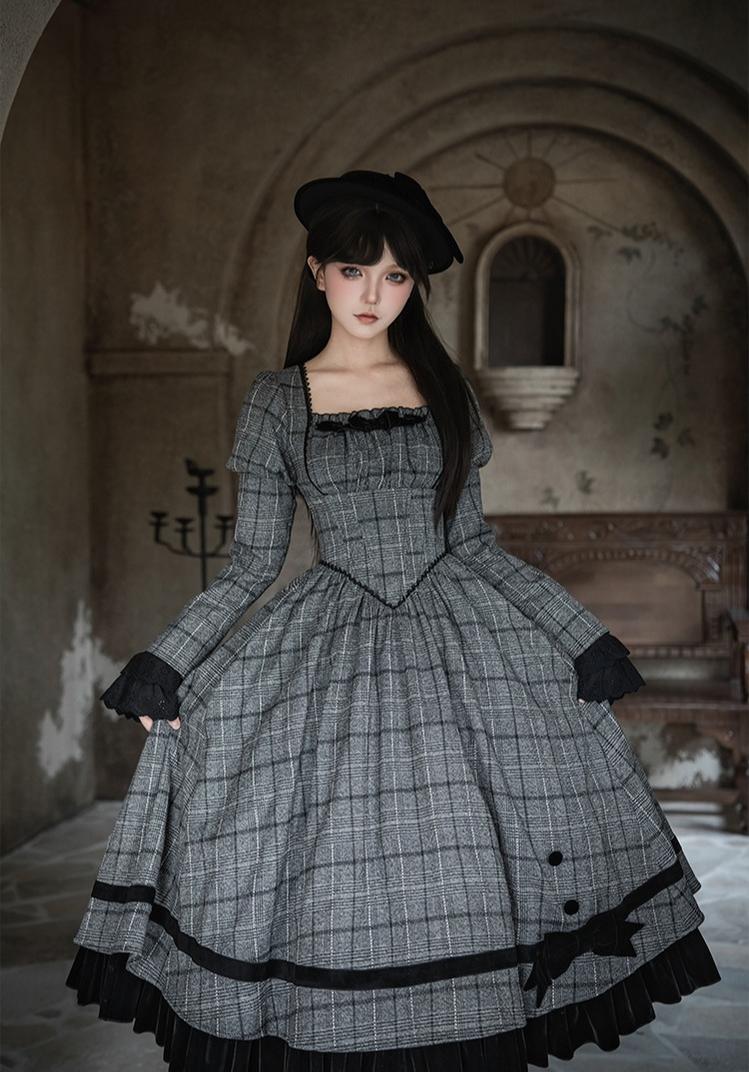 With PUJI - Yesterday's Epistle - Winter Classic Lolita Plaid Dress Set, Fishbone Waist