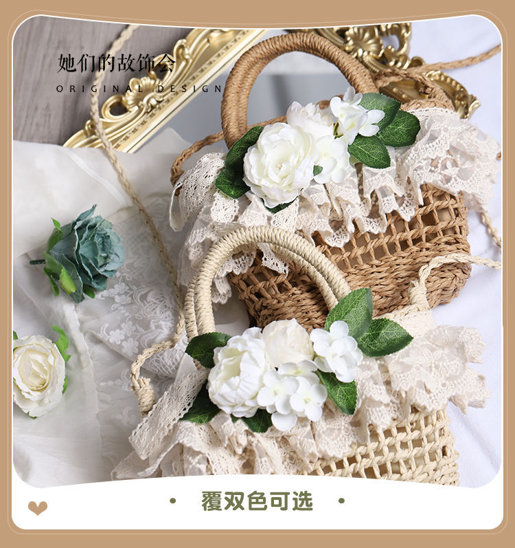 Handbag Paper Straw Woven Original Handmade Lace Flower Lolita Soft Girl Pastoral Style 2022 New Beach Bag - Lolita Fetch