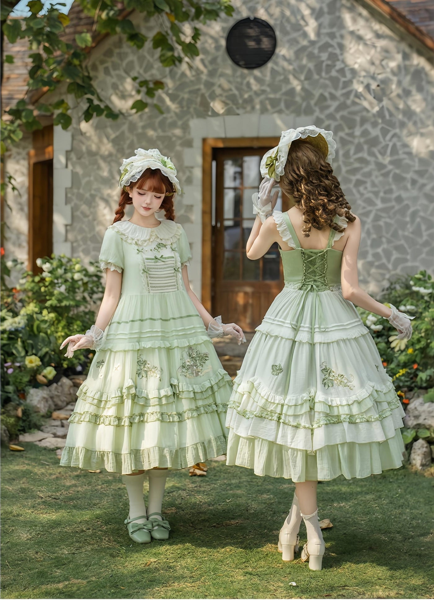 With PUJI - Green Grape - Embroidered Country Lolita OP Dress, Tiered JSK