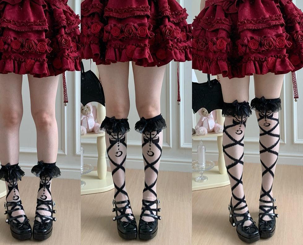Roji Roji - Lolita Cross Printed Socks with - Layered Lace Trim Cuff Socks