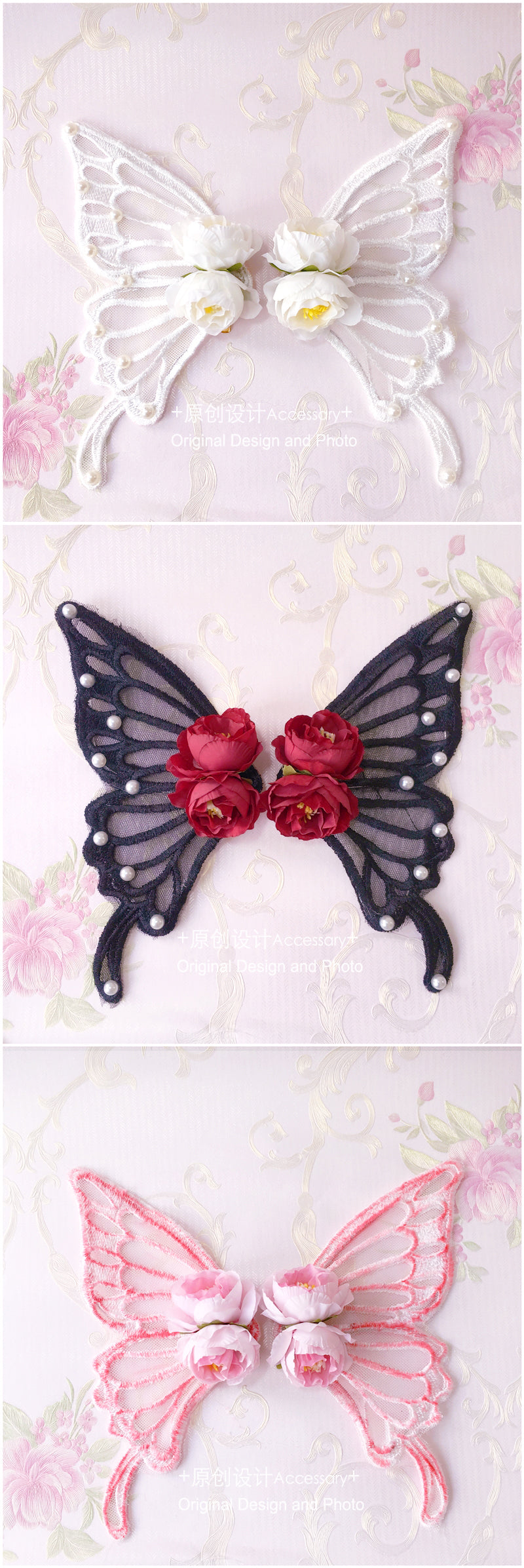 Handmade LolitaFetch large rose lace butterfly hair clip with delicate lace and butterfly design, perfect as a stylish hair accessory.
