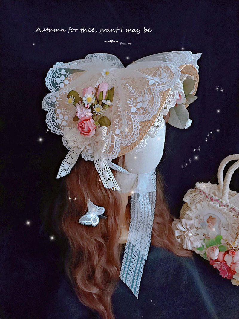 Handmade Lolita straw flat hat with elegant French-style design, perfect for tea parties and pastoral fashion looks.