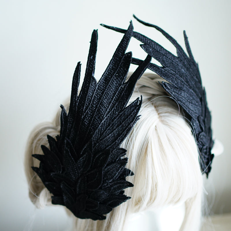 Black and white embroidered angel wings lolita feather hair clip headdress with two-tone design by LolitaFetch
