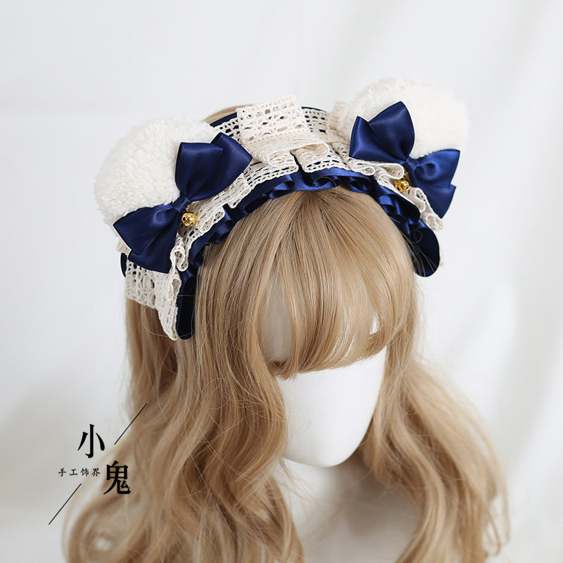 Handmade Bear Ear Bow Lace Headband by LolitaFetch featuring cute bear ears, lace details, and Lolita-style hair accessory.