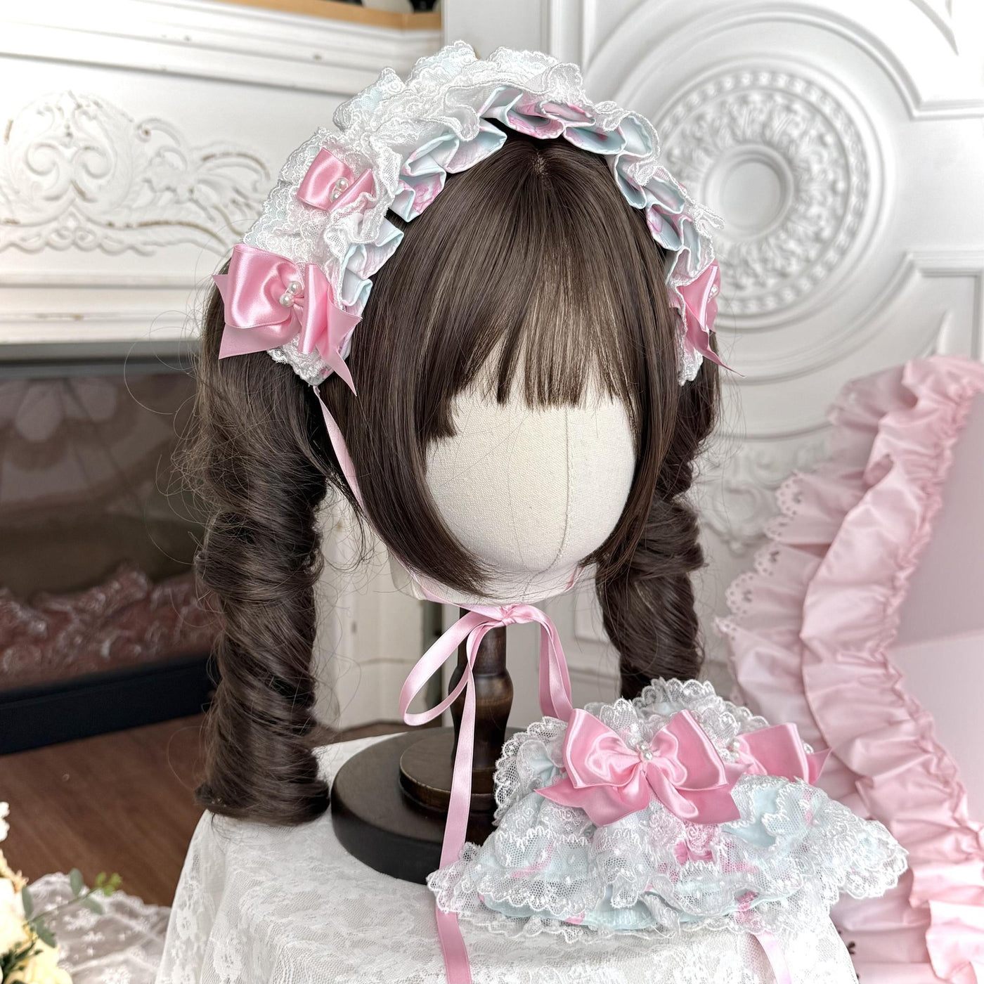 Summer 2026 - Old School Lolita Floral Printed JSK Dress with Ribbon Bows Hairband Only - Mint Green (one size / choose M) S