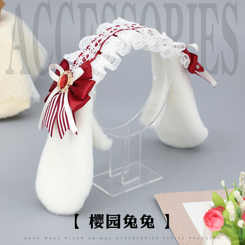 Handmade Plush Hair Accessories Bow Lace Ribbon Hair Ornament Cosplay Party Animal Ears Lolita Bunny Ear Headband - Lolita Fetch