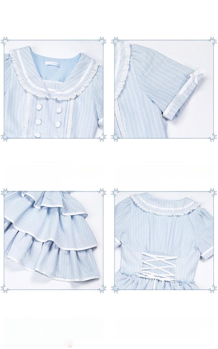 With PUJI - Seven-Day Bell - Blue Classic Lolita Striped OP Dress, Sailor Collar