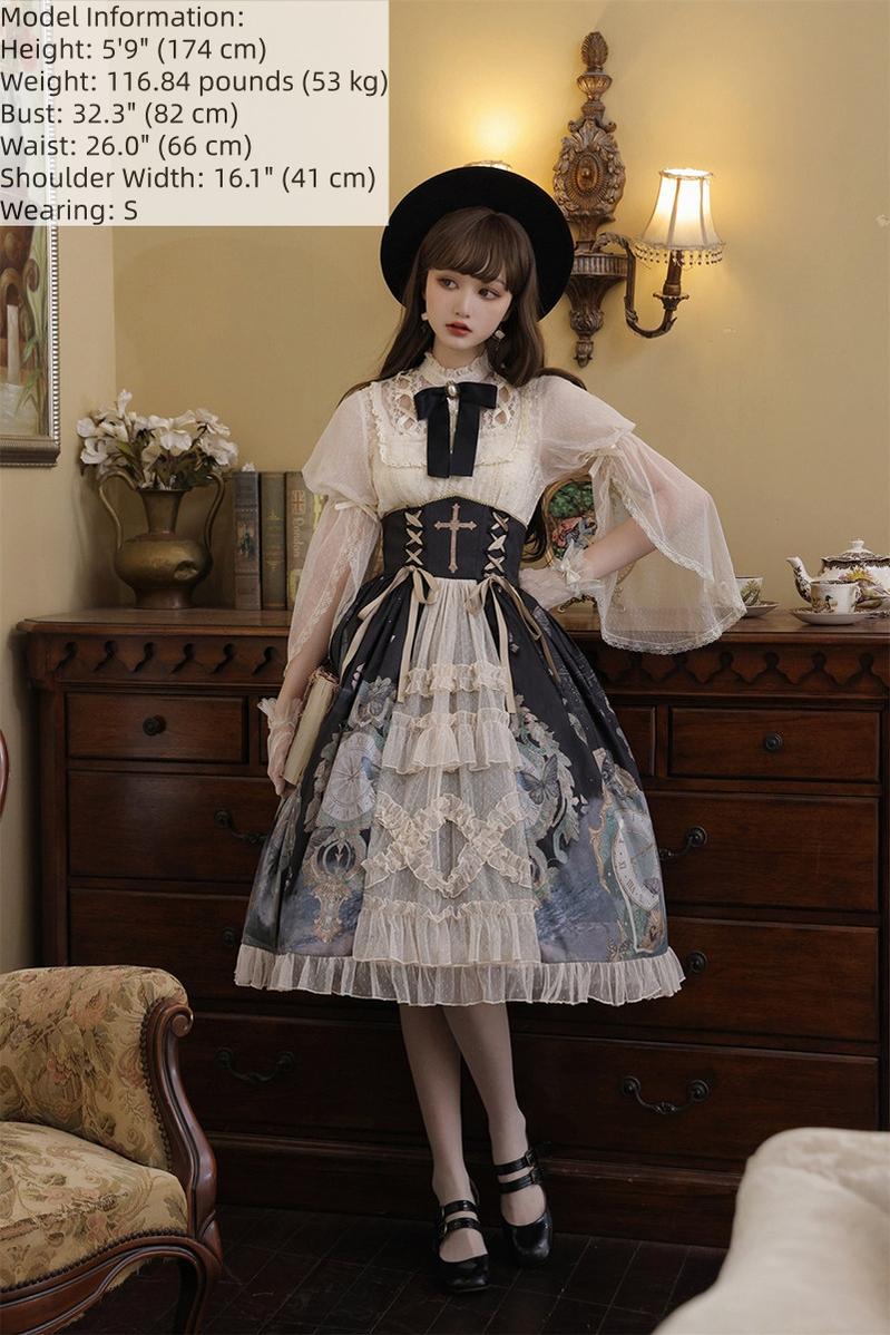 Your Princess - Clock Butterfly - Gothic Lolita Printed Blouse and Corset Skirt Set