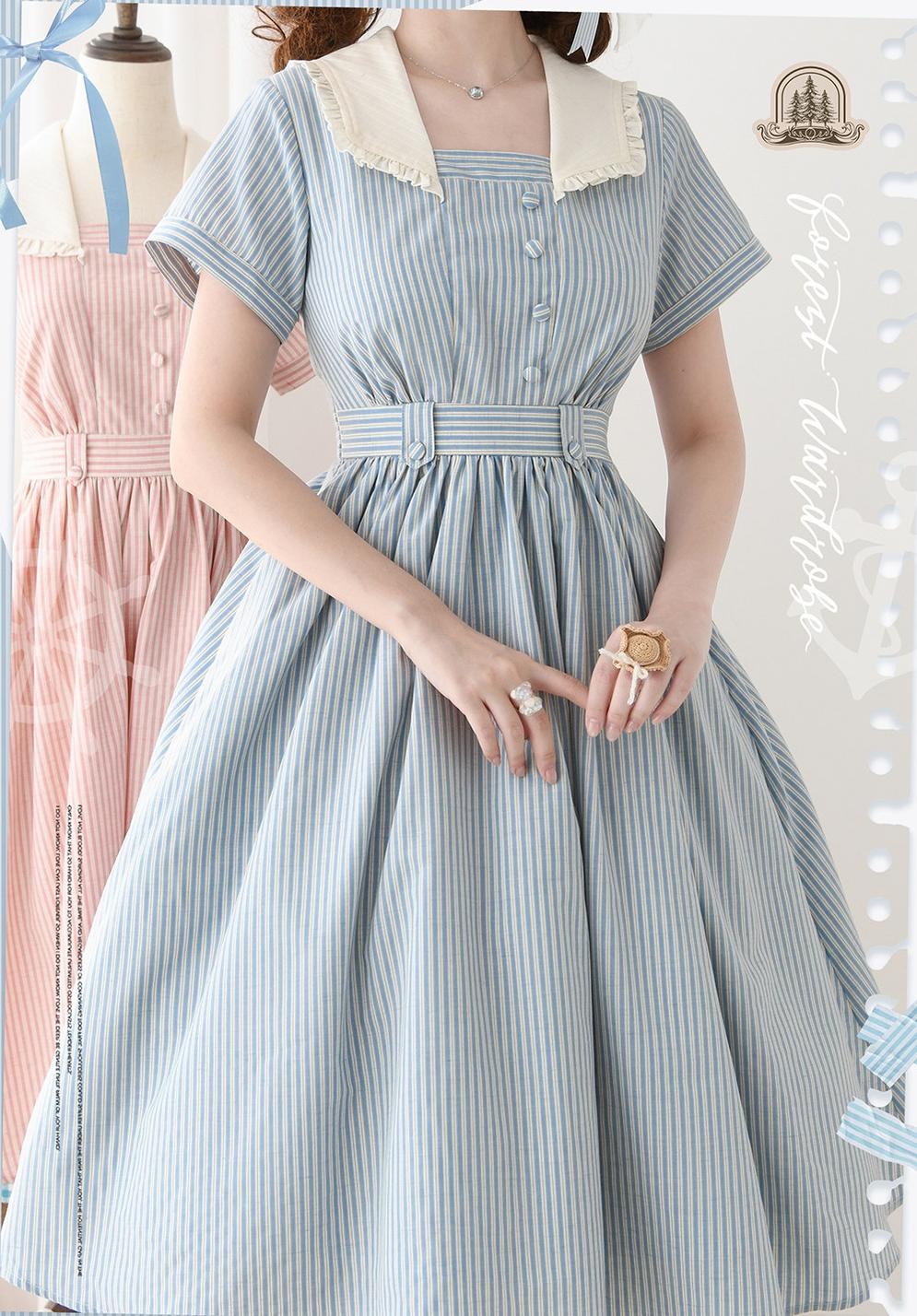 Forest Wardrobe - Endless Forest - Summer Striped Classic Lolita OP Dress, Short Sleeve