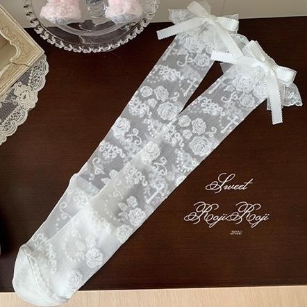 Summer Sweet Lolita Rose Jacquard Bow Socks White Socks with White Bows Mid-Calf Socks