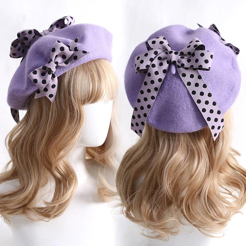 Xiaogui - Sweet Lolita Red Polka Dots Bow Beret Hat M（56-58cm） purple