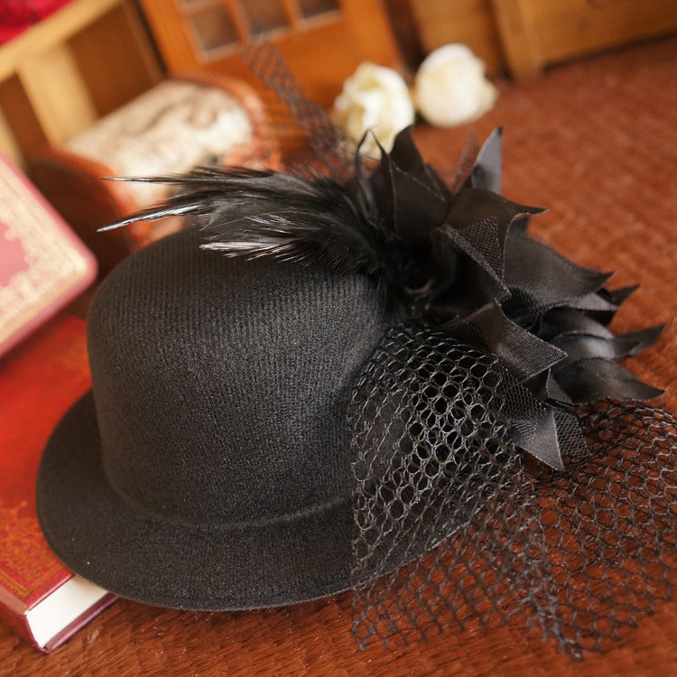 Dark Gothic Lolita Headwear Black Flower Feather Small Hat Hair Clip Side Clip Hair Accessory