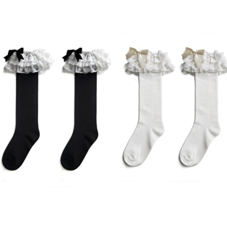 WAGUIR - Cotton Lolita Bow Socks with - Layered Lace Trim Socks