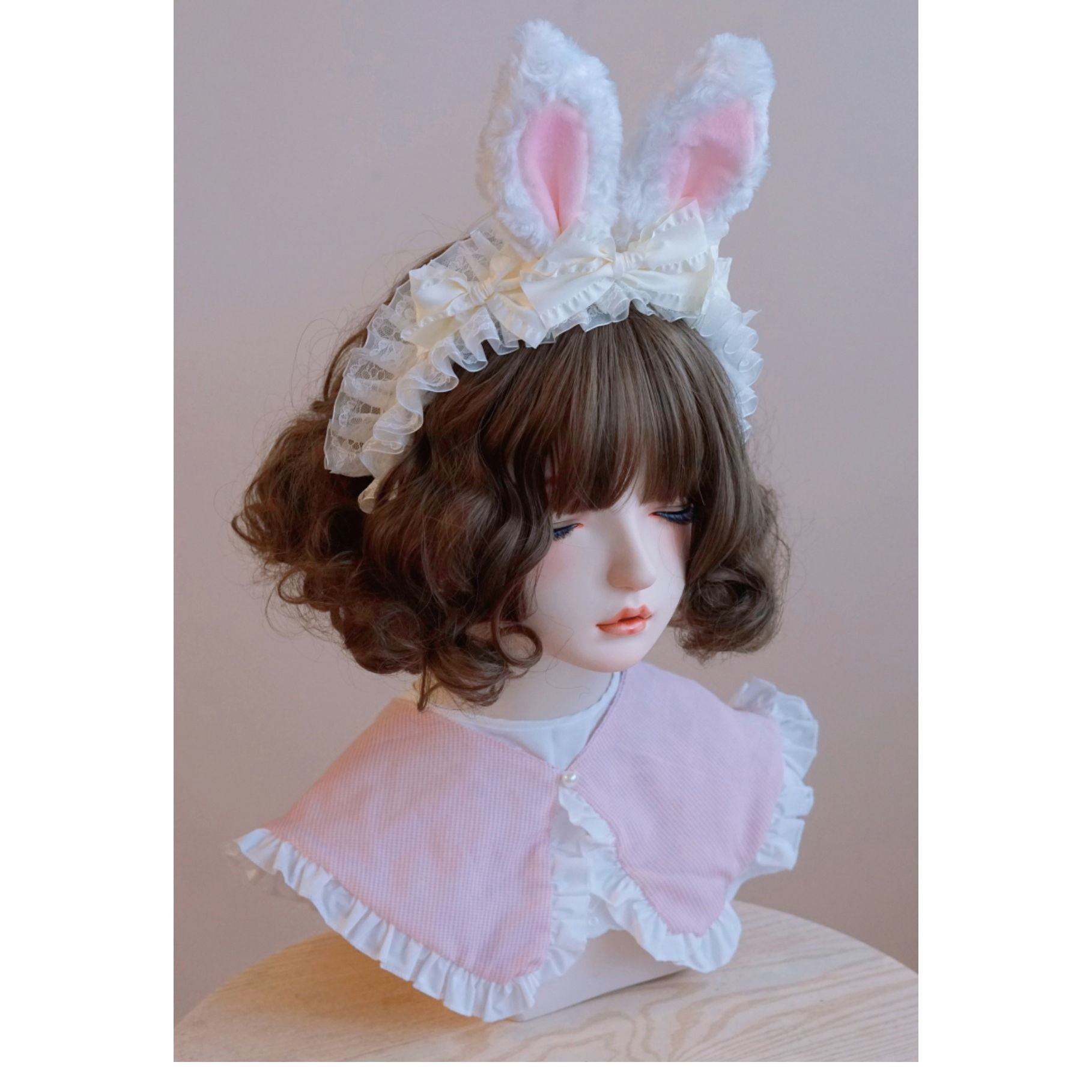 Original Handmade Plush Bunny Ear Headband Lolita Japanese Korean Style Bowknot Ruffle