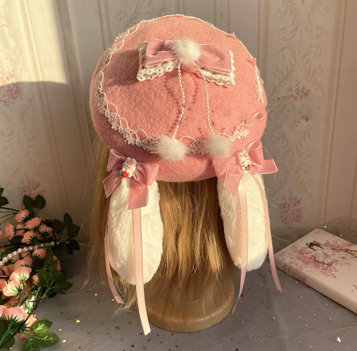 Luoluo Decoration - Han Lolita Rabbit Ears - Light Pink Head Accessory with Bow and Beaded Chain - product detail 2