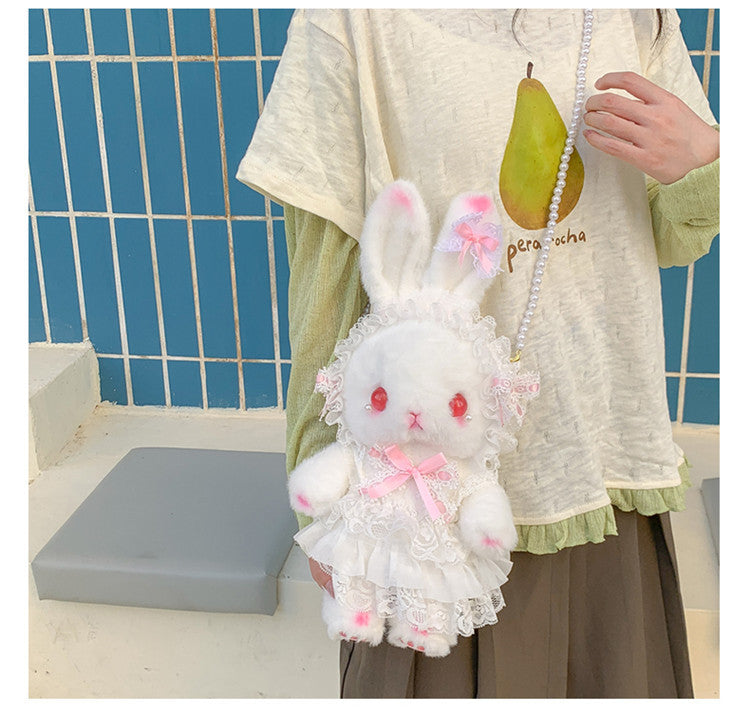 Lop-Eared Bunny Lolita Pearl Chain Doll Bag – 2025 Cute Bow Plush Shoulder Bag