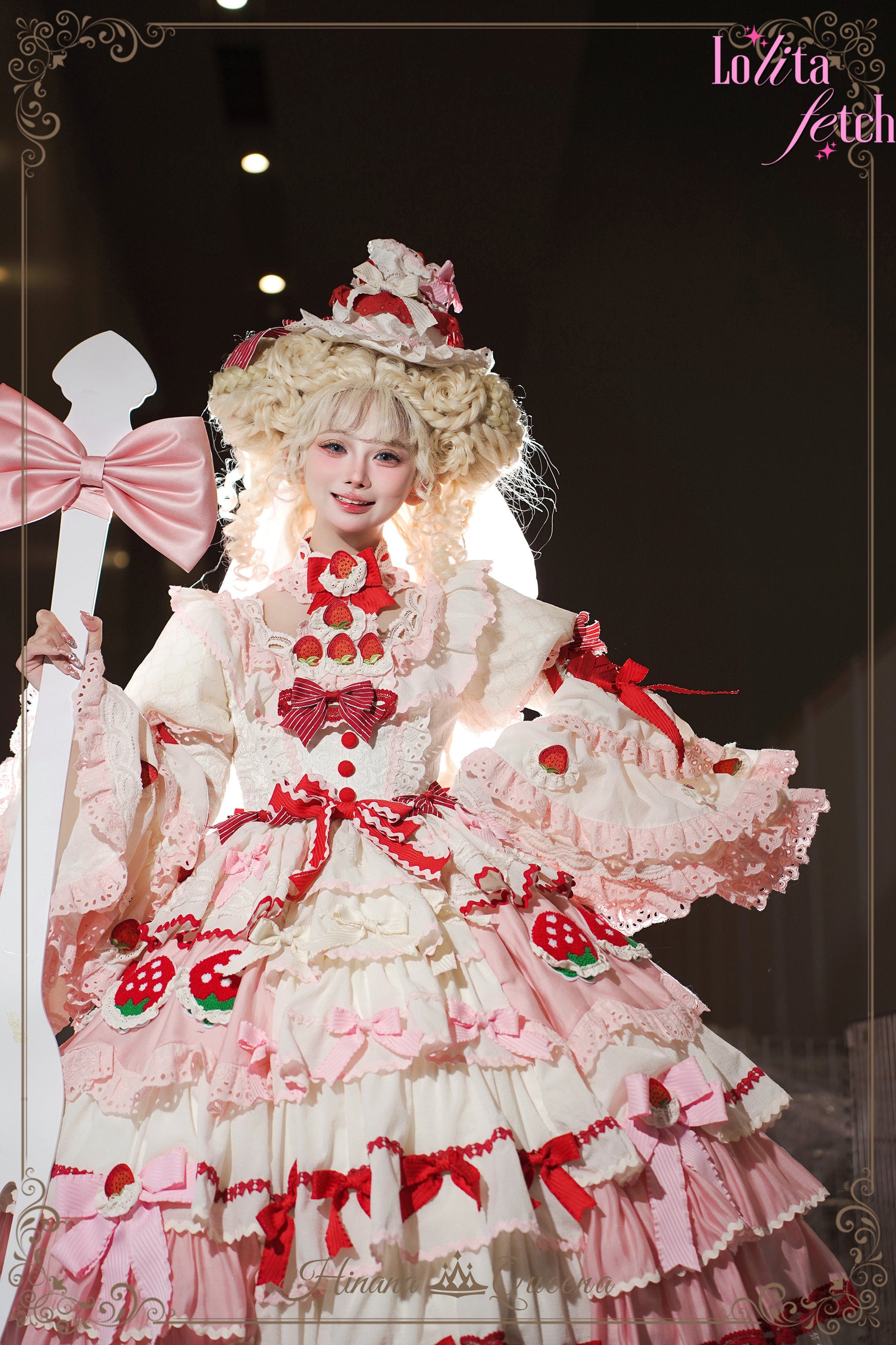Gorgeous Strawberry Party Lolita Dress JSK and OP by Lolita Fetch featuring a detailed floral and strawberry print, perfect for special occasions.