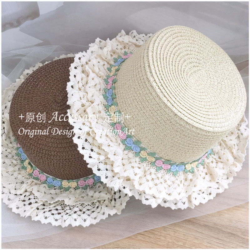 French Lolita Lace Trim Straw Hat for Women Summer Wide Brim Flat Top Sun Hat Beach Sunshade