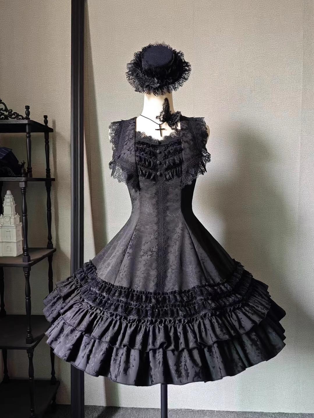 Six-Panel Gothic Lolita JSK Dress, Tiered Ruffles Black JSK Only / Jacquard S