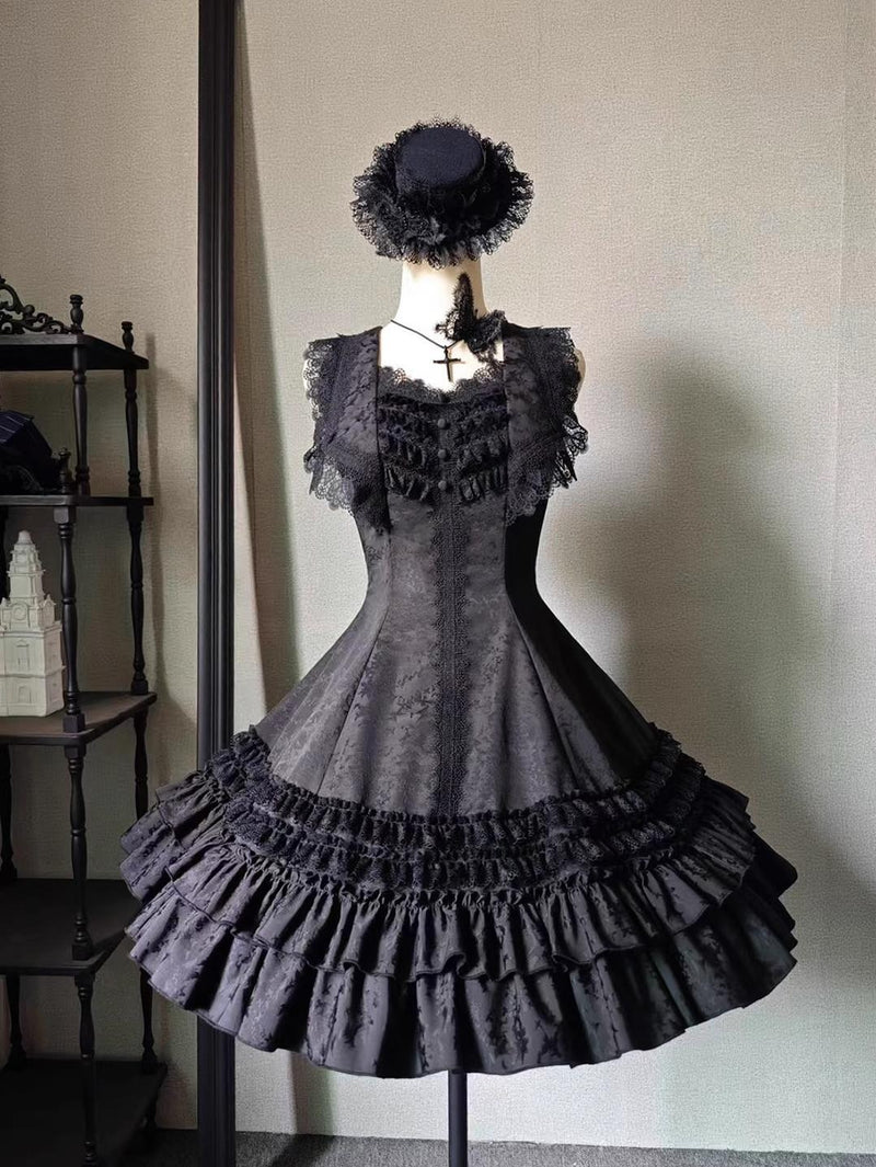Six-Panel Gothic Lolita JSK Dress, Tiered Ruffles Black JSK Only / Jacquard S