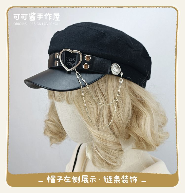 Original Woolen Military Lolita Beret Octagonal Hat Metal Hard Girl Joker Girl Punk Gothic Hat for Women