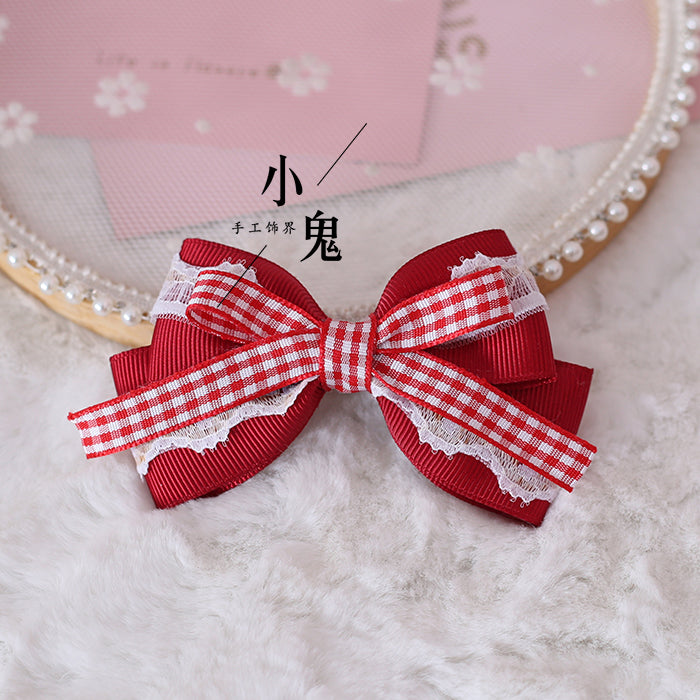 Strawberry Sweet Lolita Plaid Bow Hair Clip Hair Accessory Mori Style Strawberry Side Clip Japanese Soft Girl Cute Girl