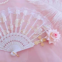 1st Anniversary - Rose Nocturne - Gothic Lace Folding Fan - White Lace Fan, Pink Rose, with Pendant