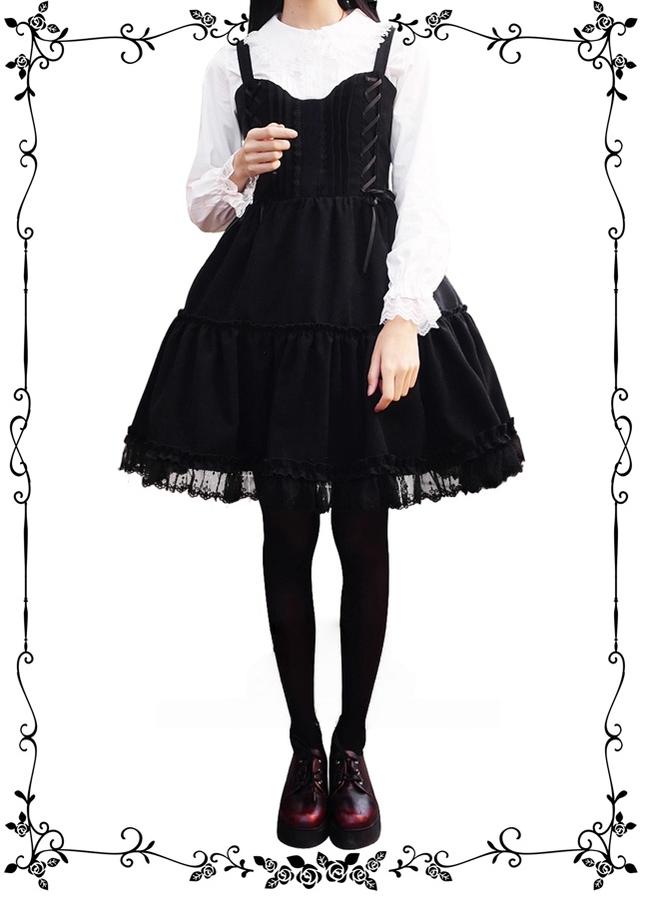 Tiny Garden - Garden Waltz - Black Elegant Lolita Knee-Length JSK Dress with Chest Lace Trim - product detail 2