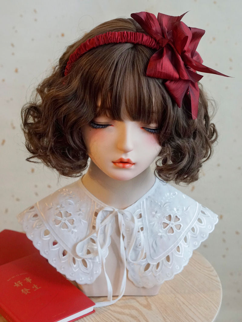 Wine red handmade bow hairband from LolitaFetch featuring ruched design, perfect for Lolita fashion and New Year celebrations.