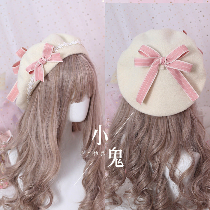 Beret Lolita Girl Sweet Cute Versatile Woolen Women Daisy Bow