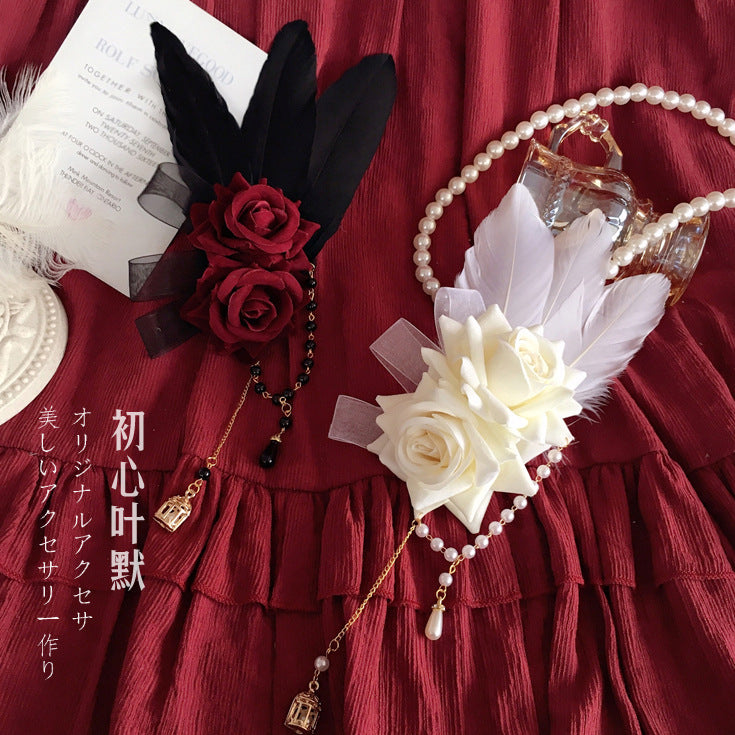 Lolita Gothic Bridal KC Hair Accessories Hair Clip Lace Rose Feather Black and White Two Colors - Lolita Fetch