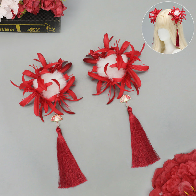 Ancient Style Tassel Begonia Flower Hair Accessory Manzhushahua Artificial Flower Step Shake Chinese Bride Hanfu Hairpin Side Clip Accessories