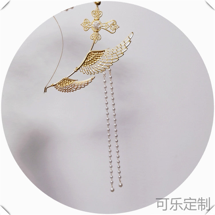 Handmade Virgin Mary halo angel headband with ornate hair crown for OP dress, featuring intricate details and a celestial design.
