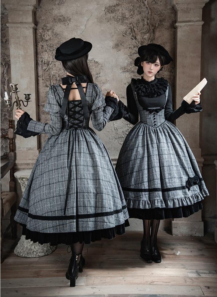 With PUJI - Yesterday's Epistle - Winter Classic Lolita Plaid Dress Set, Fishbone Waist