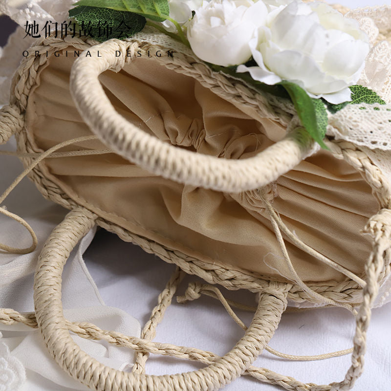 Handbag Paper Straw Woven Original Handmade Lace Flower Lolita Soft Girl Pastoral Style 2022 New Beach Bag - Lolita Fetch