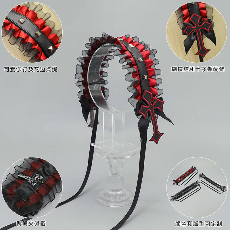 Dark Gothic Punk Rivet Headband Subculture Y2K Niche Hair Accessory Lace Rivet Cross Versatile Hair Ornament - Lolita Fetch