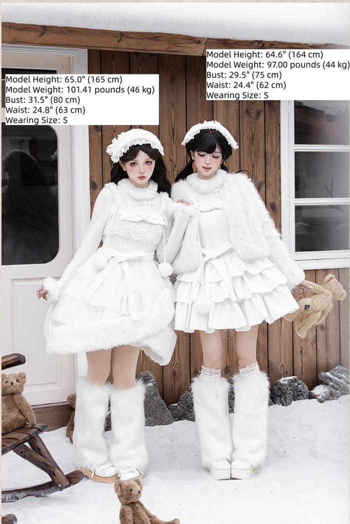 With PUJI - White Choco - Winter Kawaii Lolita JSK Dress Set, Fluffy Accents